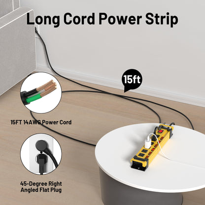 Power Strip Surge Protector 2700J with Individual Switches and Flat Plug, 3FT Heavy Duty Cord 6 Wide Spaced Outlet Mountable Metal Power Strips with Cord Manager and Hanger