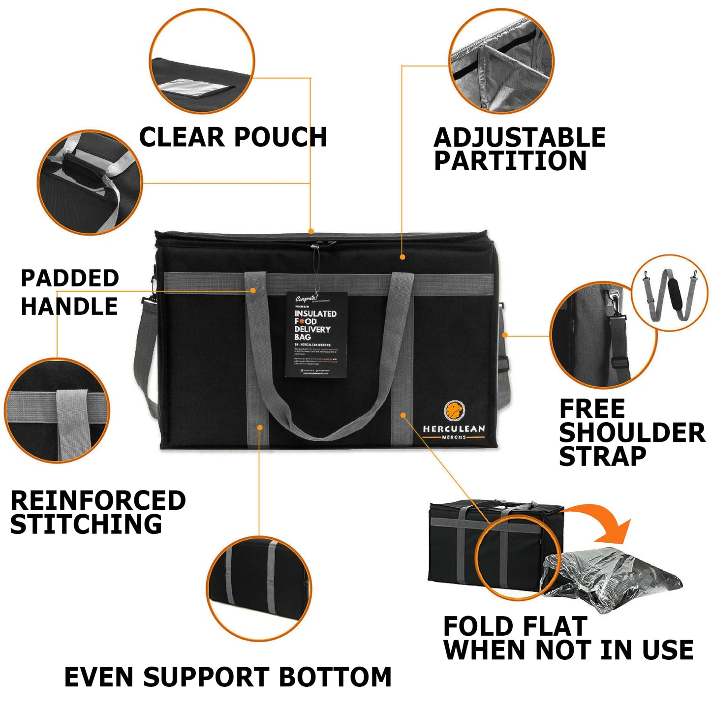 Herculean Premium Insulated Food Delivery Bag with YKK Zipper – Large Commercial Catering Bag for Food Transport – Hot and Cold Thermal Food Bag – Ultra Durable Hot Food Carriers for Takeaway Delivery