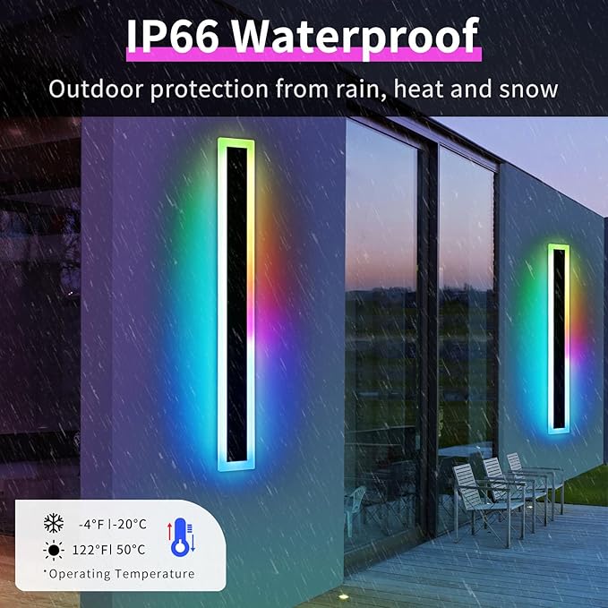 Widened 2 Pack Modern RGB Outdoor Wall Light, 47.2inch 10 Colors Dimmable LED Wall Mount Sconces, 41W, IP65 Waterproof, Long Linear Garage Lighting Fixtures for Garden, Yard, House