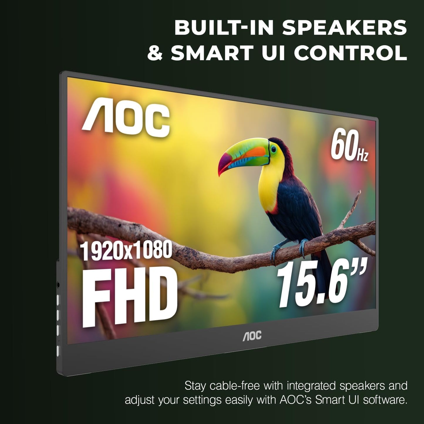 AOC 16T20 Portable Monitor 15.6 Inch FHD 1920x1080, IPS Panel Computer Display, Speakers, USB Type C x2, Mini HDMI x1, Premium Smart Cover, Gaming Console Compatible