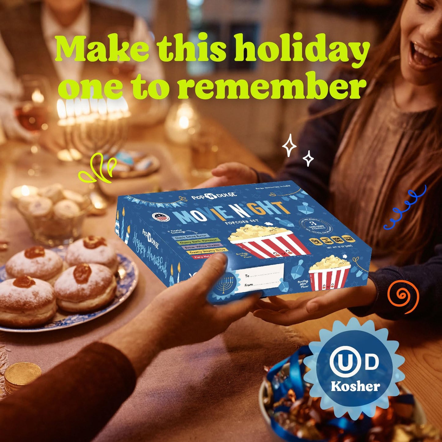 Hanukkah Gifts Movie Night Popcorn Gift Set, Kosher OU-D, Gift Baskets, 5 Gourmet Popcorn Kernels and 5 Flavoring, Non-GMO Hanukkah Set - 10 Pack, Gifts Ideas For Men, Women, Kids