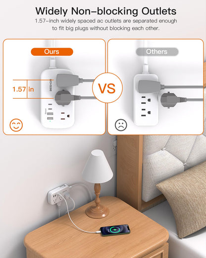 Flat Extension Cord, BESHON 5FT Flat Plug Power Strip with USB C, 6 Outlets 4 USB Port(2 USB C), No Surge Protector, Cruise Ship, Dorm Room Travel Essentials