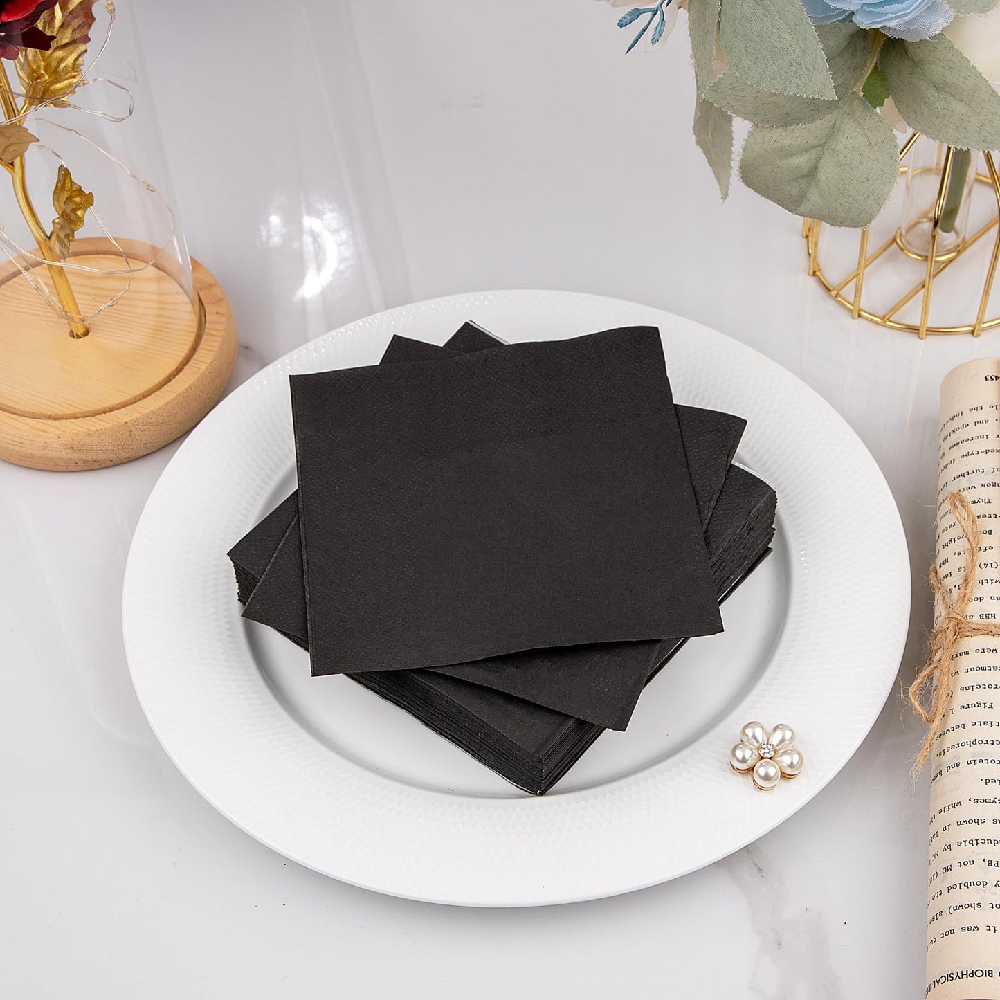 FLOWERCAT 100-Count 2-Ply Black Cocktail Napkins - Black Beverage Napkins Disposable Premium Quality - 5“ x 5" and unfold 10" x 10" Paper Napkins for Bar,Weddings,Birthday,Halloween