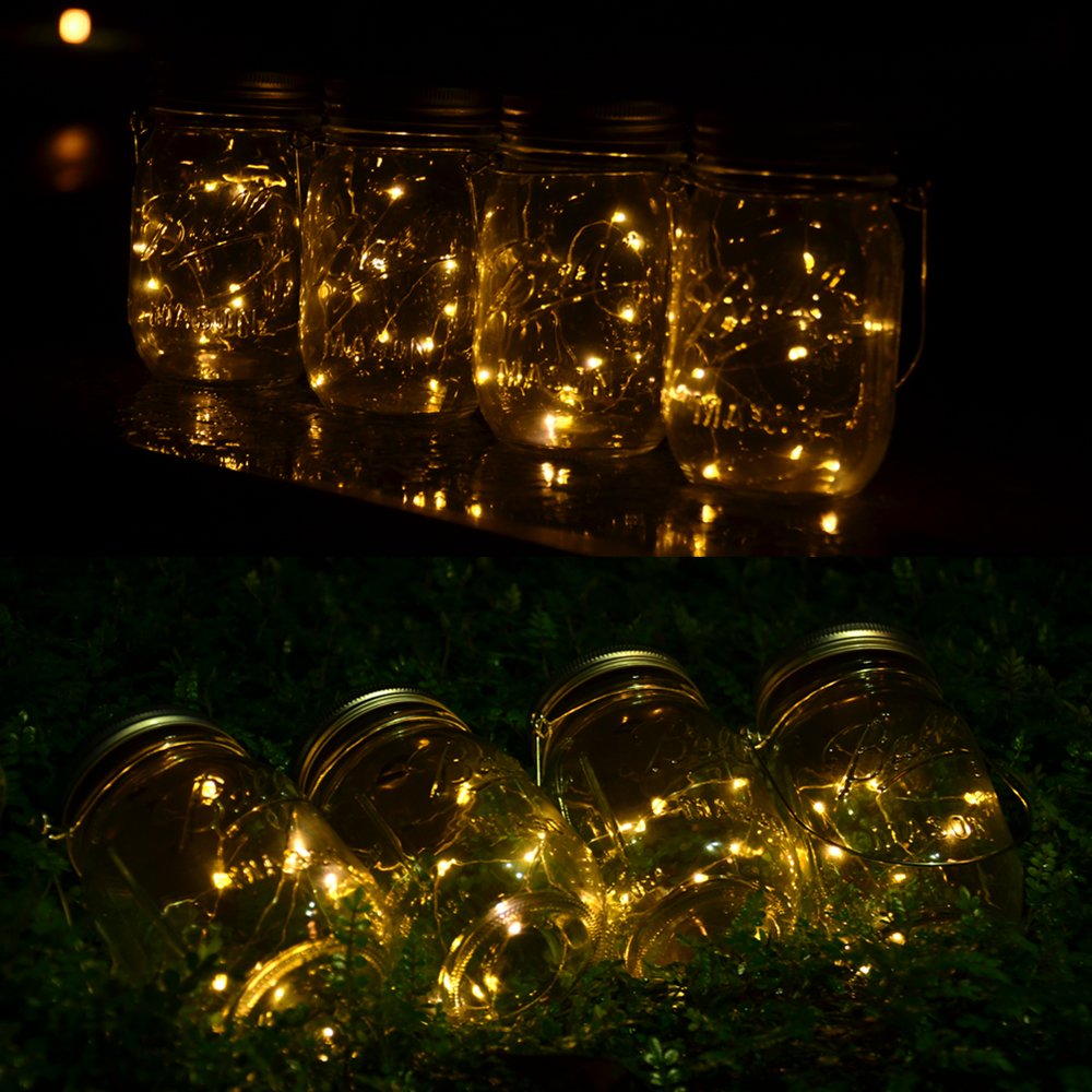 CHBKT 4-Pack Solar-powered Mason Jar Lights (Mason Jar / Handle Included),20 Bulbs Jar Hanging Light,Garden Outdoor Solar / Hanging Lantern,Decor Solar Light,Table Light,Patio Path Light,Warm White