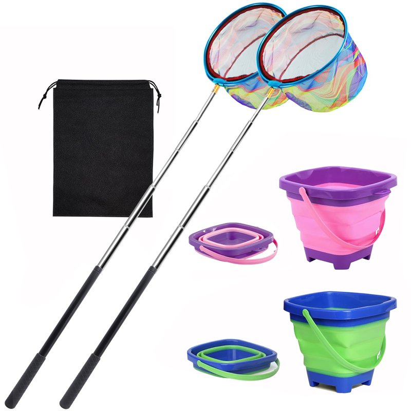 Autokcan 2PCS Fishing Net with Bucket, Retractable Fishing Landing Net, Collapsible Youth Sand Bucket, Youth Fish Butterfly Catching for Freshwater Saltwater Outdoor Activities