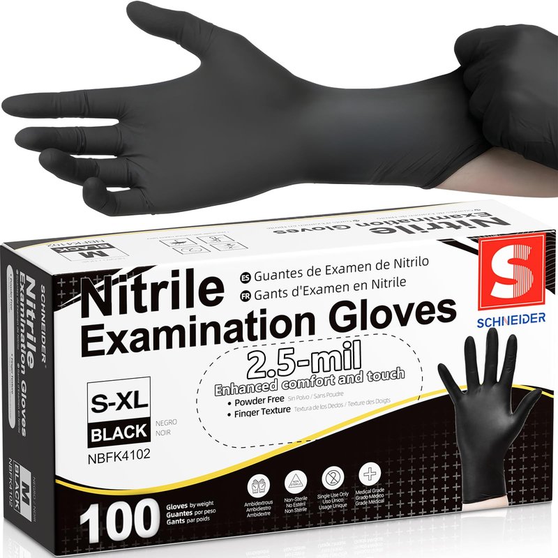 Schneider Black Nitrile Exam Gloves, Box of 100, Latex Free & Powder Free Disposable Gloves, for Medical, Food Prep & Cleaning, Small