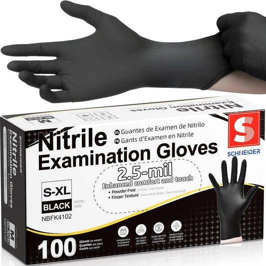 Schneider Black Nitrile Exam Gloves, Box of 100, Latex Free & Powder Free Disposable Gloves, for Medical, Food Prep & Cleaning, Small
