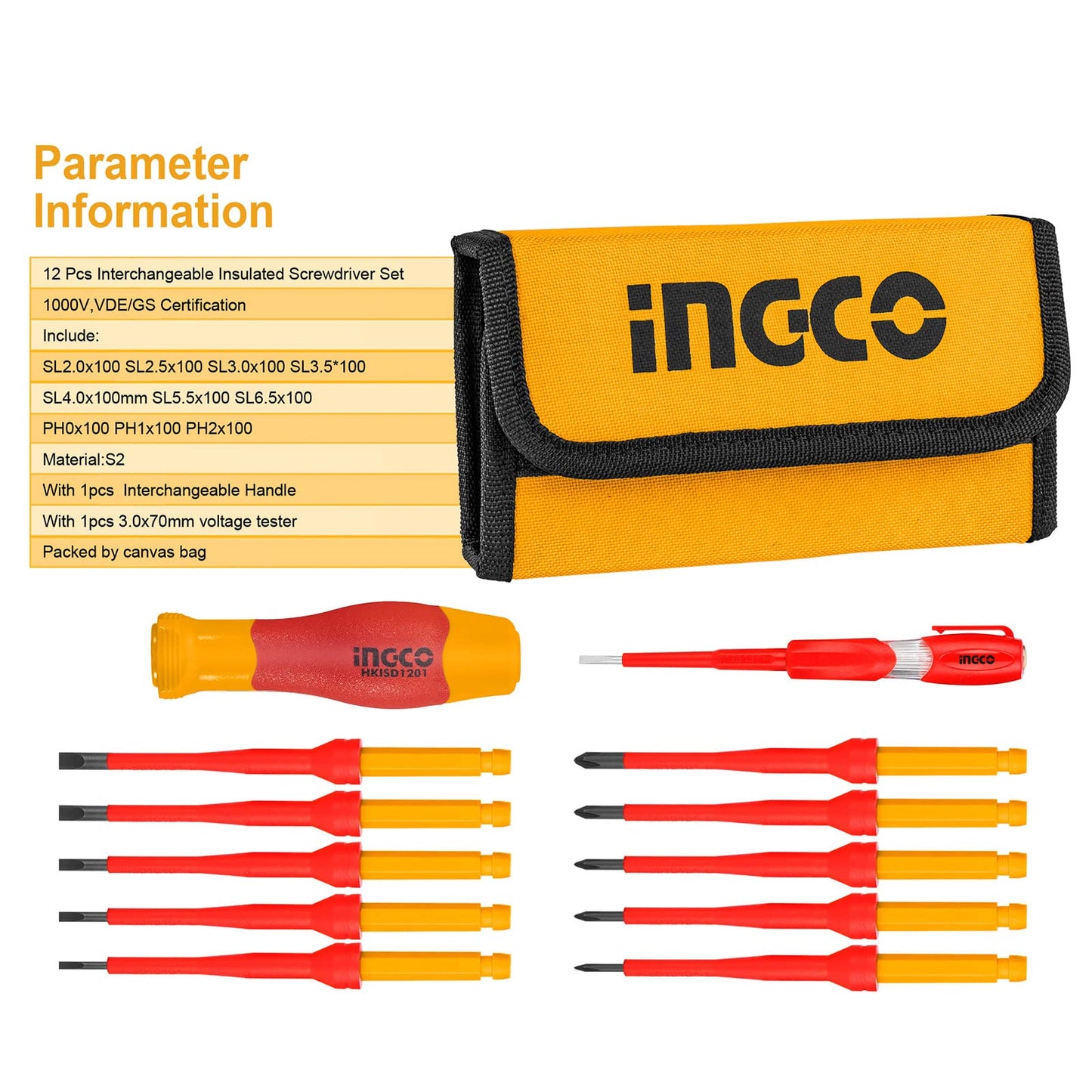 INGCO 12Pcs Interchangeable Insulated Screwdriver Set 10,00V with GS, VDE Certification Electrician Screwdriver HKISD1201