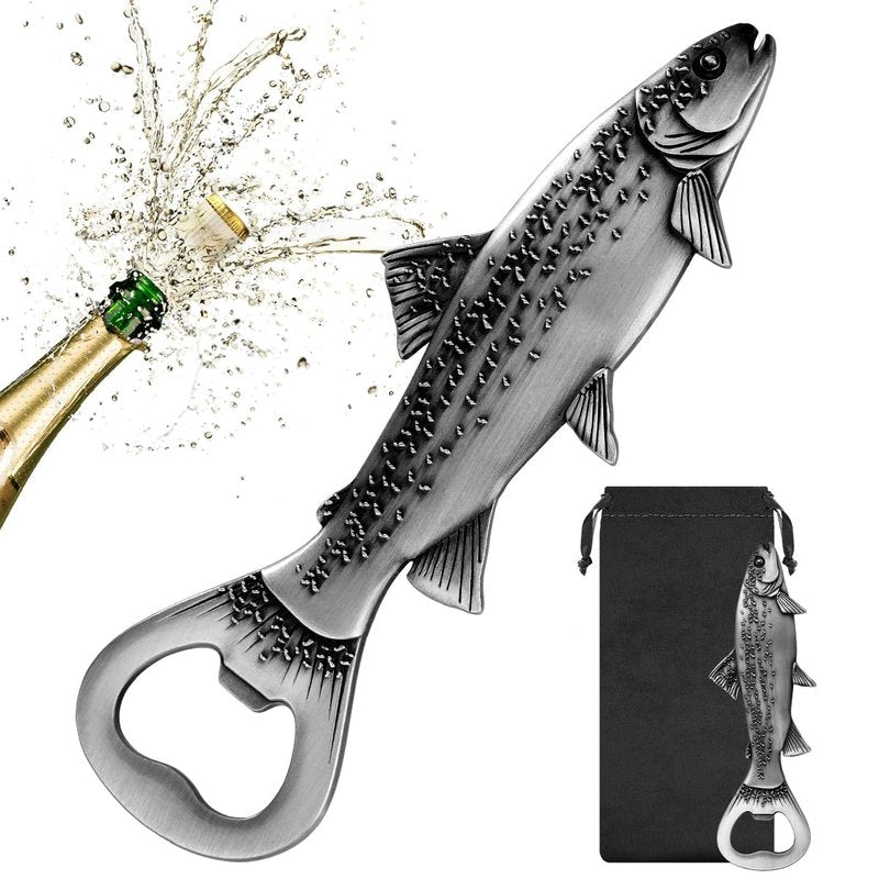 MR.BARWARE Trout Beer Bottle Opener – Fishing Gift for Men, Dad, Grandpa – Silver Fish Shaped Bar Tool with Gift Bag – Perfect for Fathers Day, Birthday, Christmas, Camping
