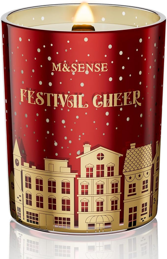 M&SENSE Festival Cheer Wooden Wick 18oz Almond & Apple Scented Clean Natural Soy Wax Candle, 100 Hours Burn Aromatherapy Large Candle for Housewarming Bathroom Bedroom