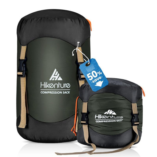 Hikenture Compression Sack for Sleeping Bag, Upgrade Anti-Tear Nylon Sleeping Bag Stuff Sack, 10L/14L/20L/30L Water-Resistant Compression Bag, Storage Bag (Dark Green, 20L)