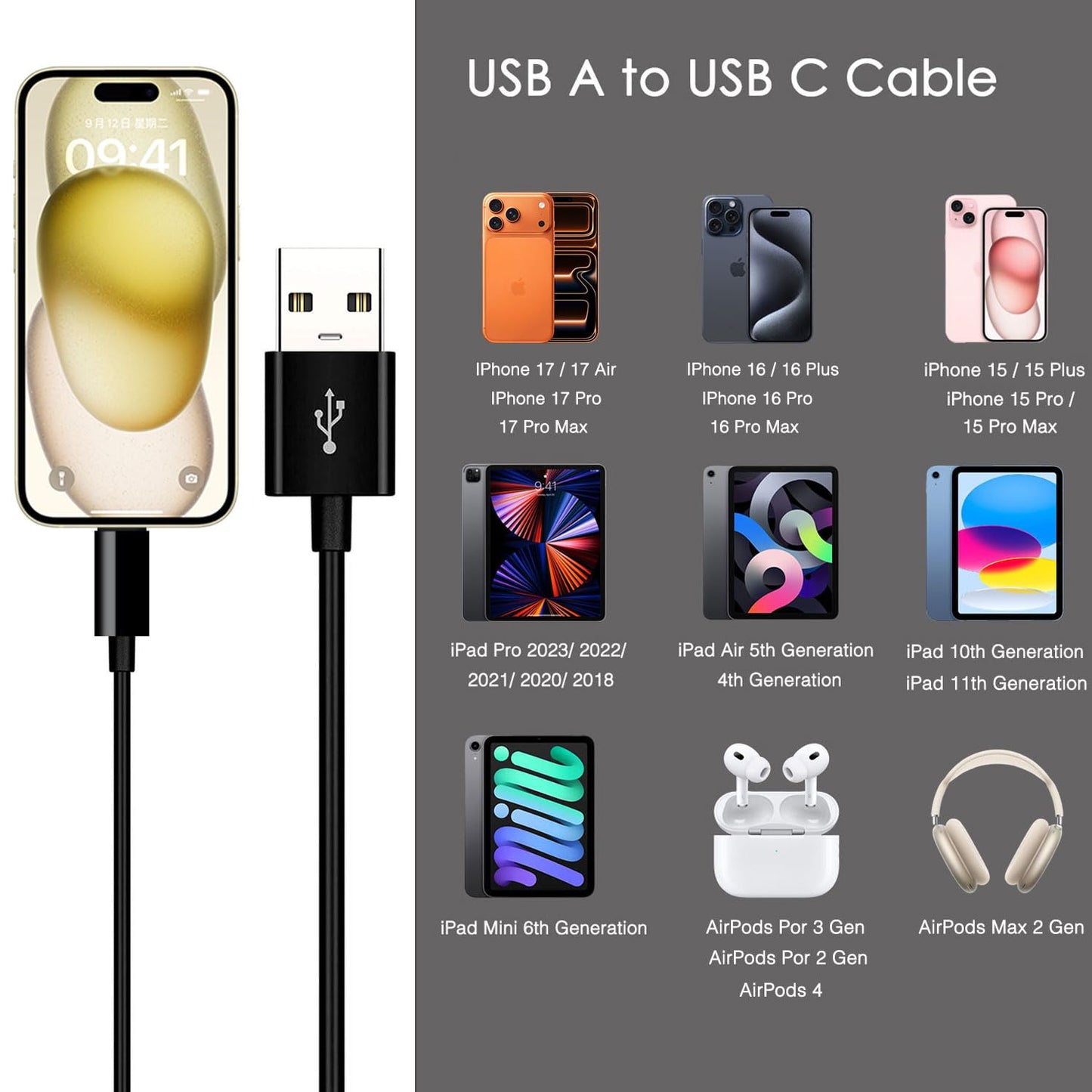 Car Carplay Cable for iPhone 17/16/15, USB A to USB C Cable Compatible for iPhone 17/16,17Air, 17/16/15 Pro Max,16E,16 Plus, iPad 10th/11 Gen,iPad Pro 12.9, Air 5th/4th Charger Cord,Car Charging Cable