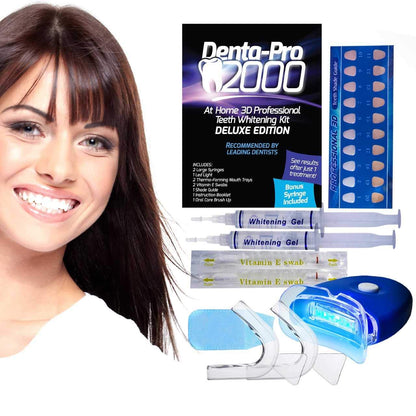 DentaPro 2000 3D Teeth Whitening Kit – Deluxe Addition Includes LED Light, (2) 5ml Gel Syringes, Custom Moldable Tray (2), Vitamin E Swab (2), Shade Guide – See Results After Just One Use!