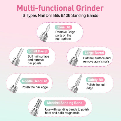 20000RPM Electric Nail Drill Professional Nail File Drill Acrylic Nails Kit for Manicure Gel Nail Polish Remover with 1 Pack of Sanding Bands(Pink)