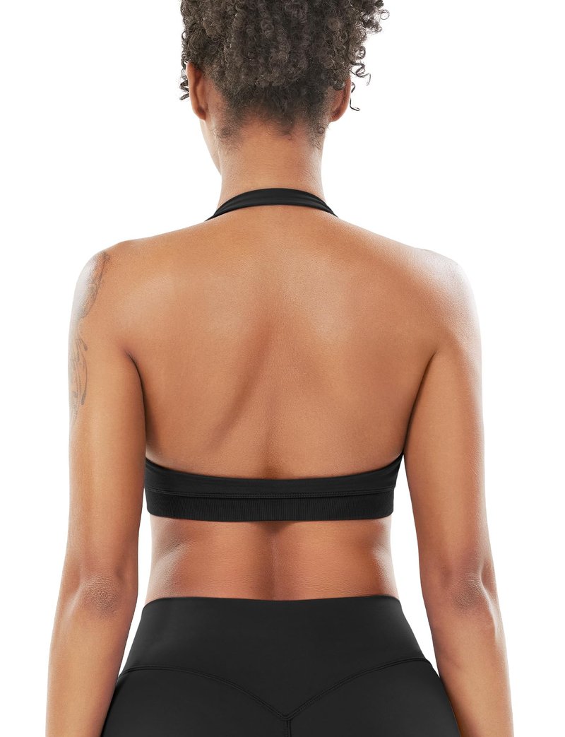 VOYJOY Women Workout Impact Bras Medium Low Support Halter Sports Bras Seamless Open Back Gym Padded Yoga Crop Top Black L