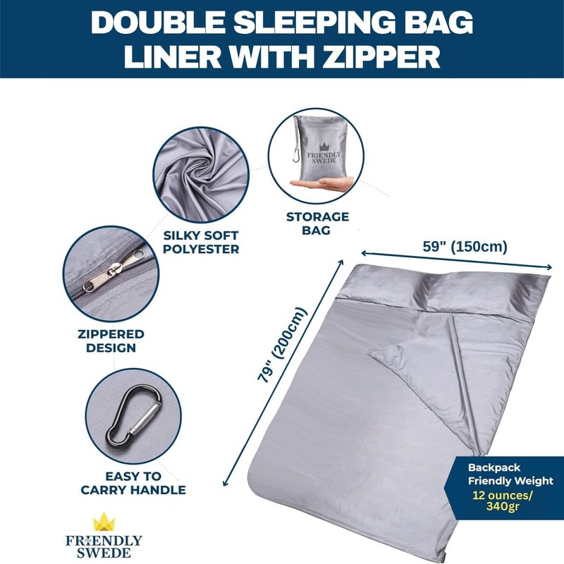 The Friendly Swede Sleeping Bag Liner - Adult Sleep Sack with Pillow Pocket, Lightweight Travel Sheets for Hotel, Camping Sheets and Backpacking Stuff Sack, Grey Polyester, Zipper, Double