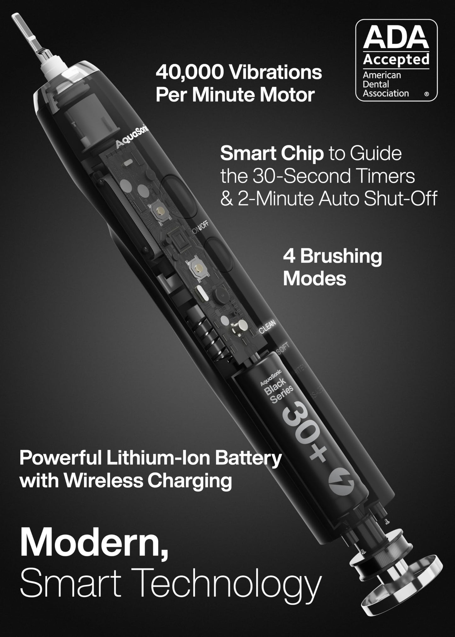 Aquasonic Black Series Ultra Whitening Toothbrush – ADA Accepted Electric Toothbrush- 8 Brush Heads & Travel Case – 40,000 VPM Electric Motor & Wireless Charging - 4 Modes w Smart Timer