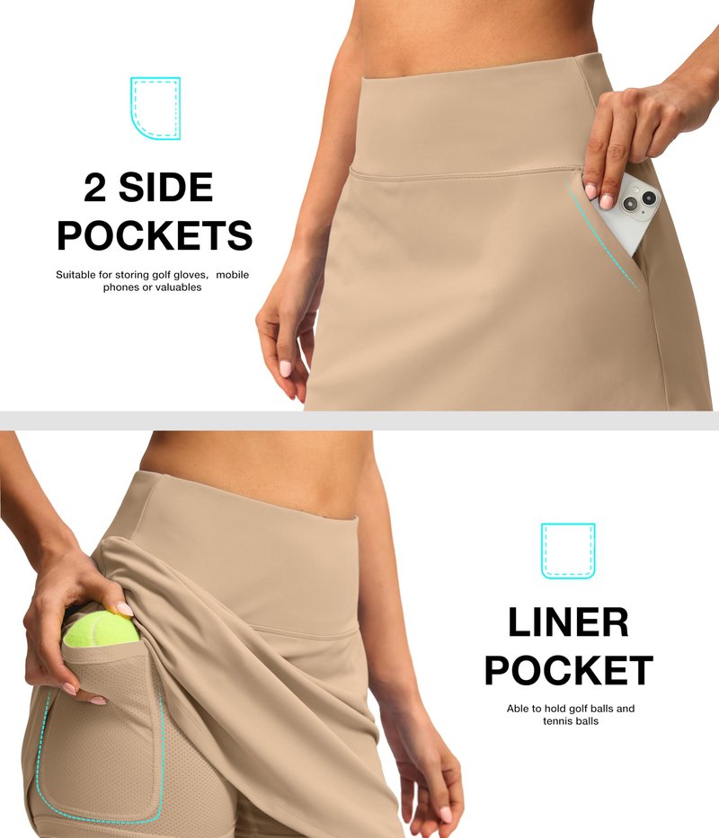 SANTINY 16" Skorts for Women with 4 Pockets High Waisted Stretchy Pickleball Casual Tennis Skirt Athletic Golf Skort(Light Khaki_S)