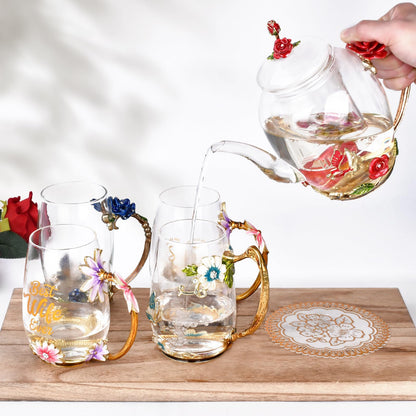 Enamel Glass Flower Tea Pot With Removable Loose Tea Leaf Infuser Tea Maker Teapot Set 30.4OZ Gifts for Women,Mom,Birthday