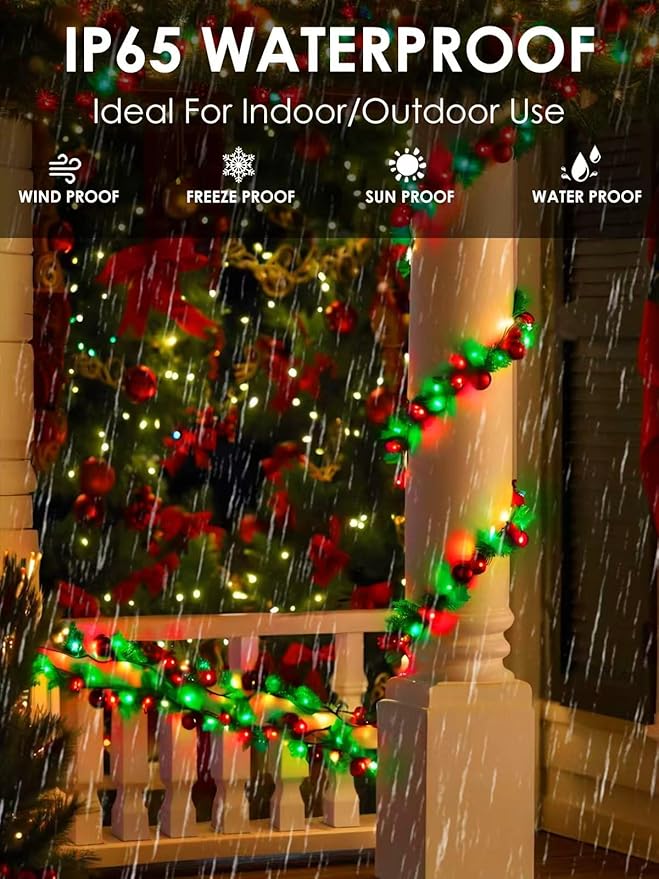 Red Green Solar Christmas Lights Outdoor Decorations Waterproof, Tatal 4 Pack 400LED 132FT Solar String Lights Green Wire with 8 Modes, Christmas Fairy Light for Xmas Tree Party Wedding Garden Decor