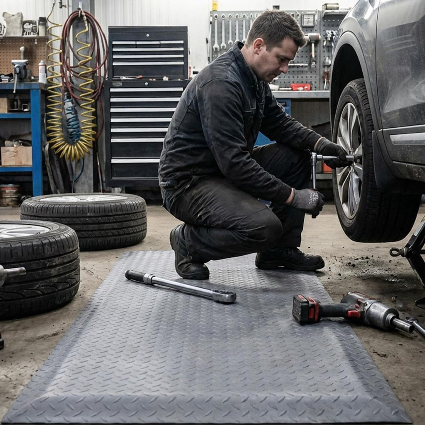 tonchean 3' x 7' Anti Fatigue Mats Industrial Extra Thick 15/16" Ergonomic Standing Floor Pad, Reducing Pressure, Work Mats for Machinist Workshop Garage - Grey