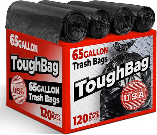ToughBag 65 Gallon Trash Bags – 50x48" Large Black Garbage Can Liners – Made in