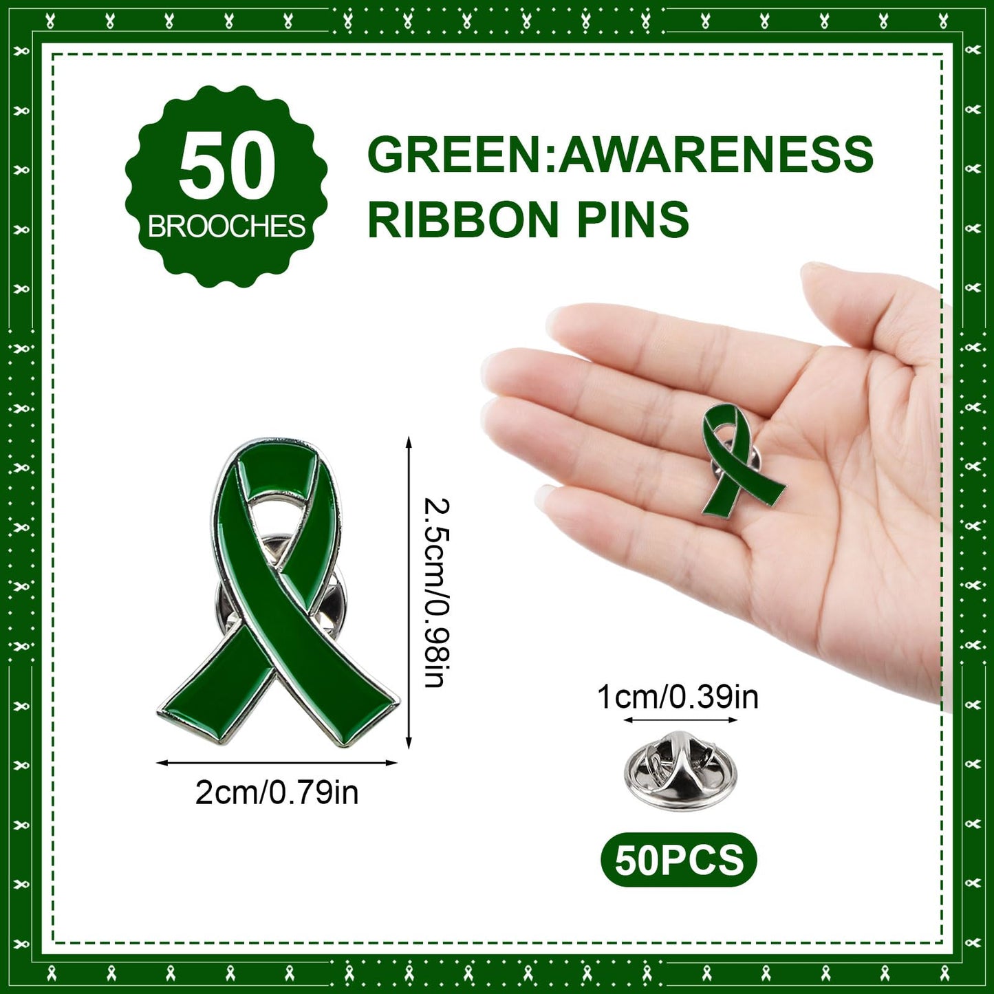 WANDIC 50Pcs Green Ribbon Mental Health Pin Badges Alloy Mental Health Awareness Brooches Liver Cancer Pin Badges Souvenir Brooches for Charity Event(2.5 * 2cm)