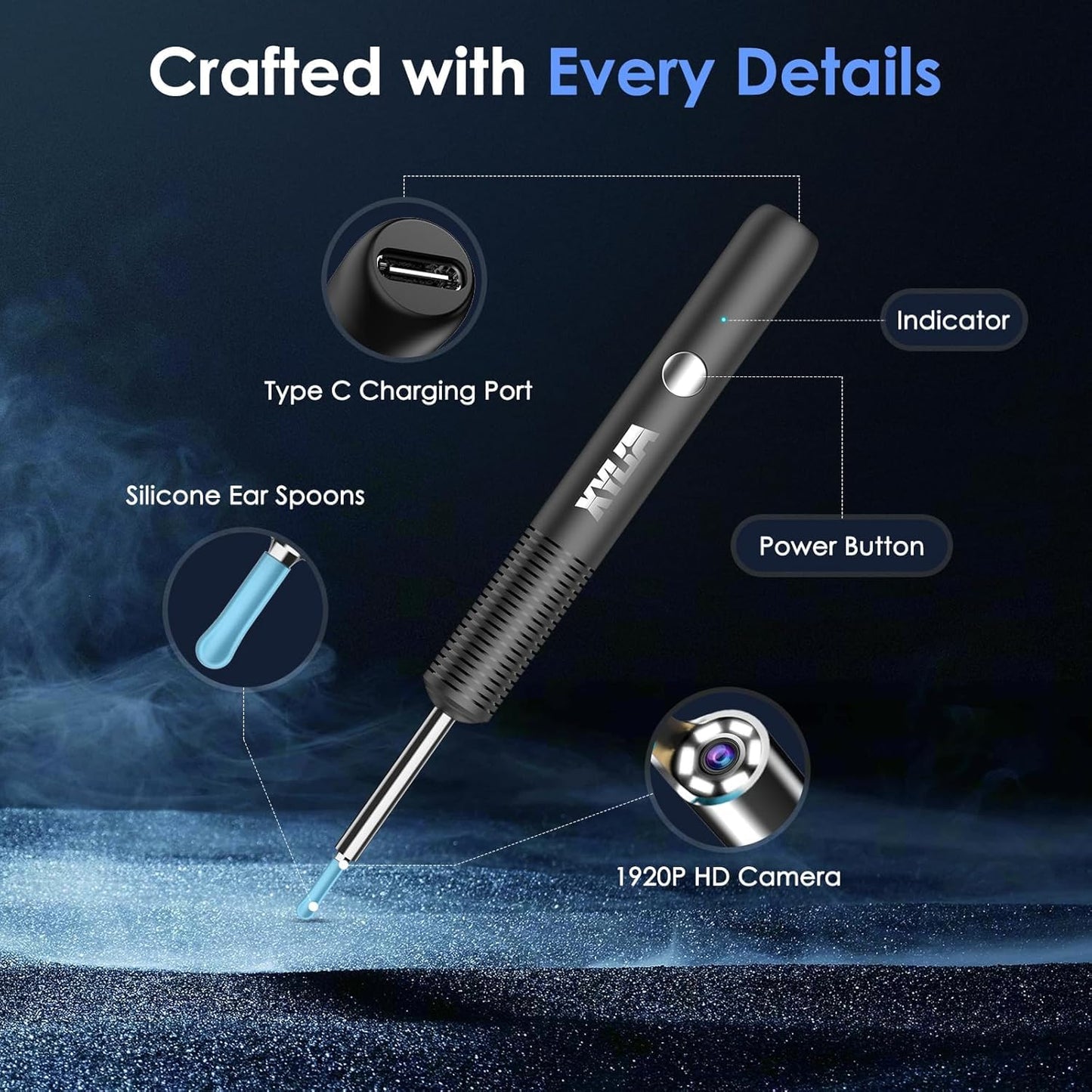 Xylla Ear Wax Removal Kit with 1920P HD Camera Wireless Otoscope Earwax Cleaner with 12 PCS Ear Spoons & 6 LED Lights Earwax Remover Tool Portable Type-C Rechargeable for iPhone iPad Android (Black)