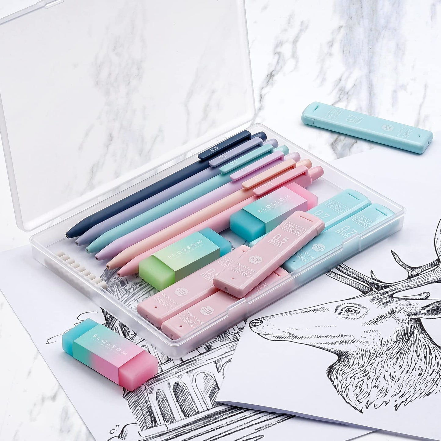 Four Candies Cute Mechanical Pencil Set, 6PCS Pastel Mechanical Pencils 0.5 & 0.7mm with 360PCS HB Leads, 3PCS Erasers and 9PCS Eraser Refills, Aesthetic School Supplies for Girls Writing