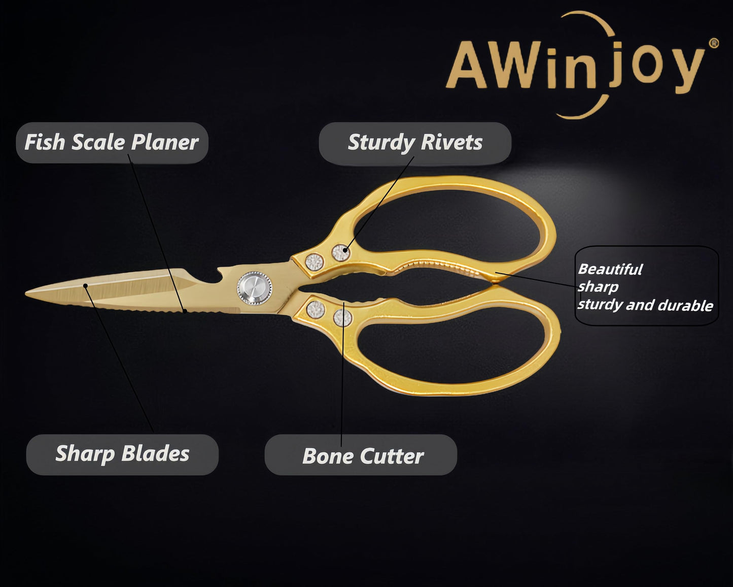 AWinjoy Kitchen Scissors, Heavy Duty Sharp Kitchen Shears Dishwasher Safe, Kitchen Accessories Cooking Shears for Kitchen Meat Chicken Fish Poultry Herb Bread (All Gold), skr-05