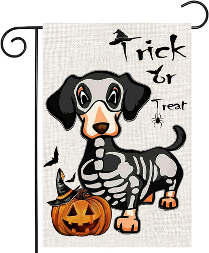 Halloween Trick or Treat Garden Flags 12x18 Double Sided, Ghost Dog Yard Flag for Outside Decor, Holiday Dachshund Skeleton Outdoor Decorations for Home