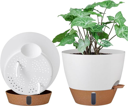 montresor 2 Pack 10 inch Plant Pots, PP Plastic Self Watering Planter with Drainage and Tray for Indoor Outdoor Plants, Water Level Window & Reservoir Flower Pots Decorative Planter (Cream, 10 Inch)