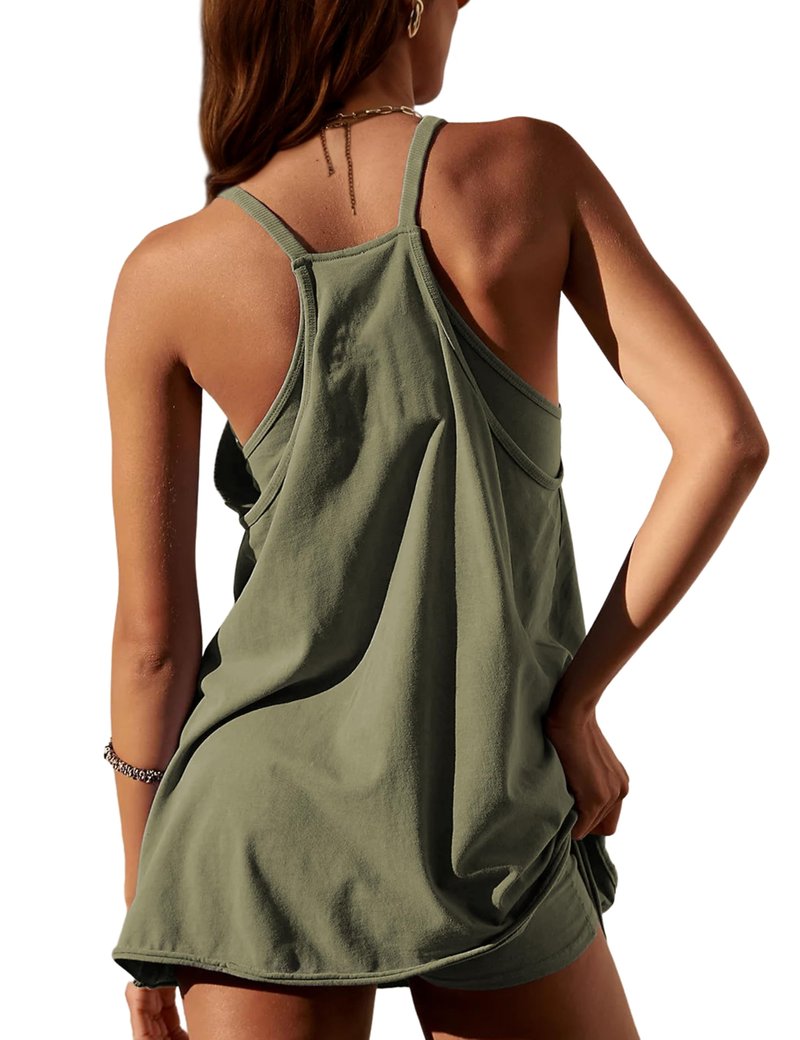 Lentta Womens Athletic Sleeveless Mini Dress with Built-in Shorts V Neck Spaghetti Strap Sundress(ArmyGreen-XXL)
