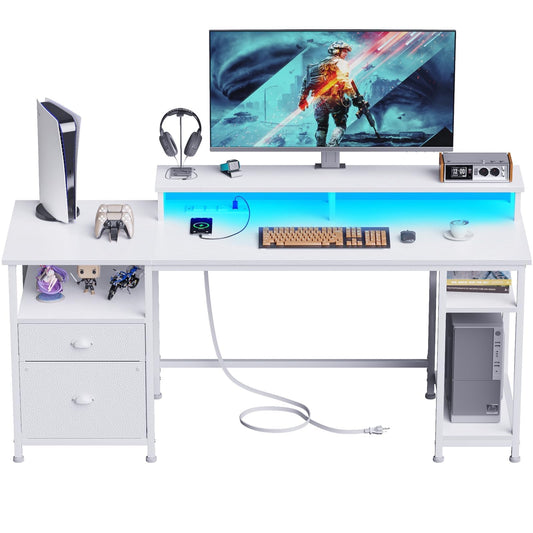 Furologee 61" Desk with LED Light & Power Outlets, Reversible Computer Table with File Cabinet & Drawer, White Gaming Desk Writing Table with Dual Monitor Stand, for Home/Office/White