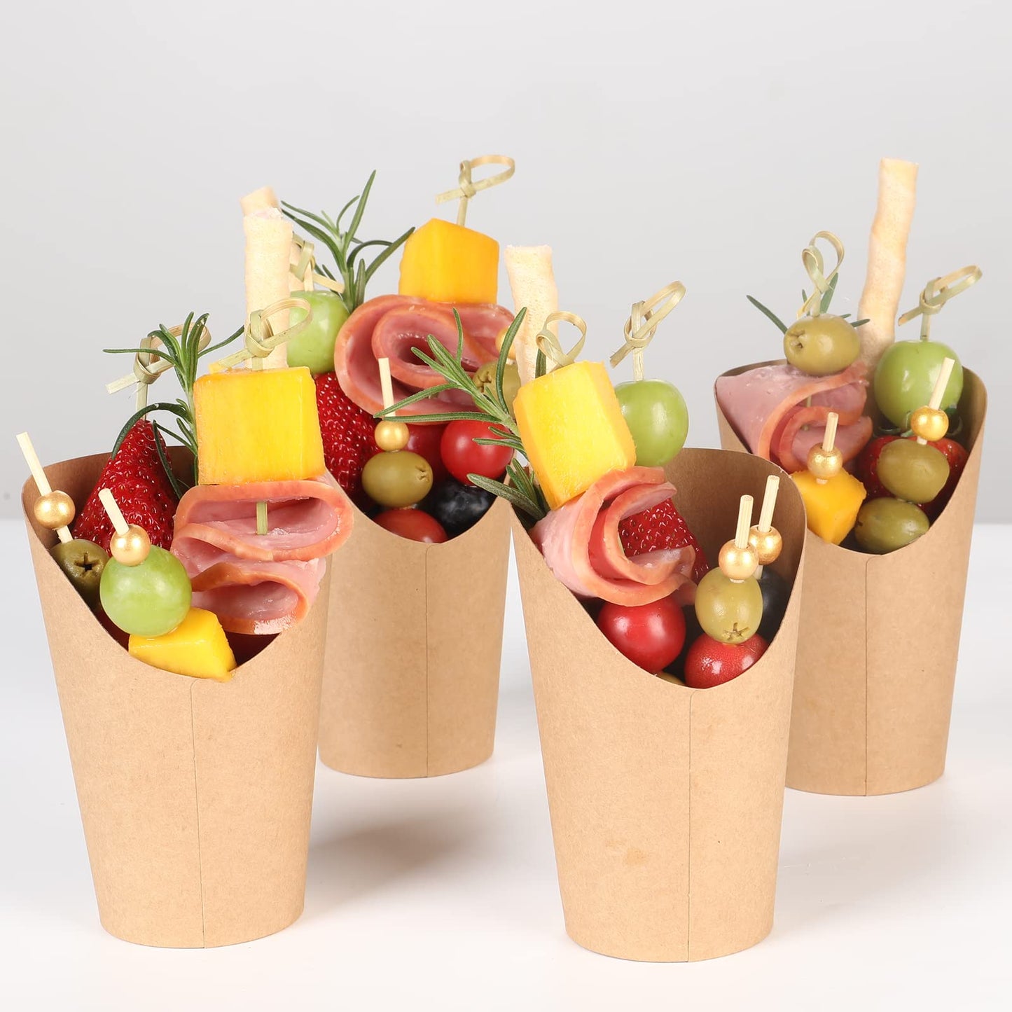 50 Charcuterie Cups with Sticks + 200 Cocktail Picks + 50 Labels, Disposable French Fry Holder with Bamboo Skewers Toothpicks, 12 oz Brown Kraft Paper Appetizer Cups Charcuterie Boards Accessories