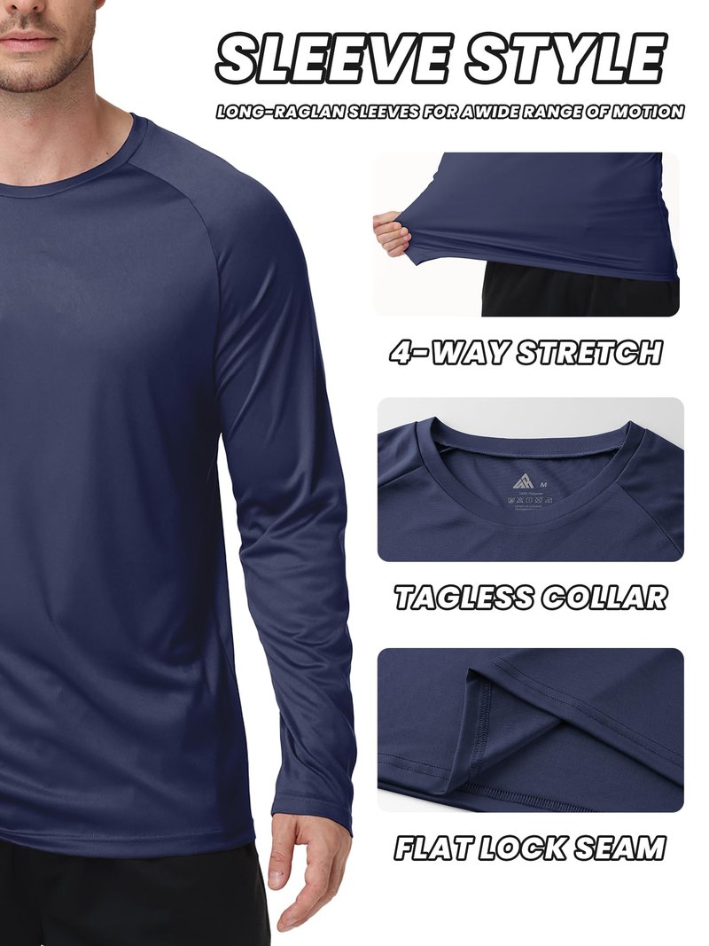 ZITY 3 Pack Mens Long Sleeve T Shirts Crew Neck Tee UPF 50 Sun Protection Moisture Wicking for Hiking Fishing Workout Gym Running