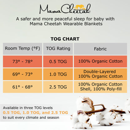 Mama Cheetah Baby Sleep Sack 2.5 TOG, Winter Baby Sleeping Bag with 2-Way Zipper, Organic Cotton Swaddle Transition Wearable Blanket for Boy Girl Infant Toddler, 6-12 Months, 1-Pack