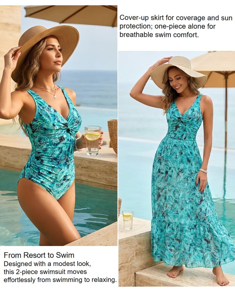 Holipick Green Paisley Women's One Piece Swimsuits with Cover Up Skirt Tummy Control V Neck Two Piece Bathing Suit M