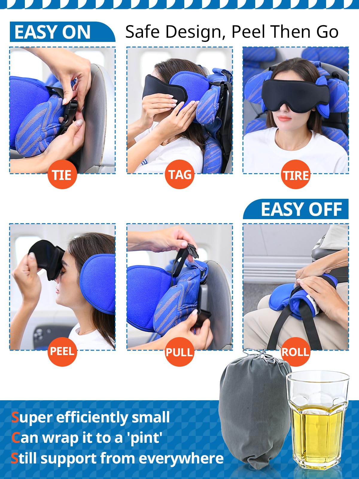 SARISUN Travel Pillow for Airplane, Plane Pillow with 3D Eye Mask for Sleeping, 360°Support Airplane Head Strap for Long Flight, Stop Bobblehead, Travel Essential, Black
