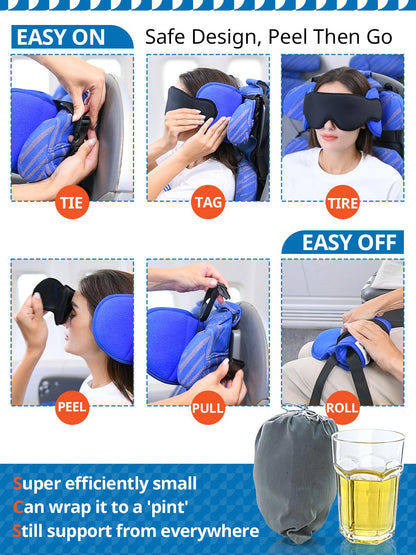SARISUN Travel Pillow for Airplane, Plane Pillow with 3D Eye Mask for Sleeping, 360°Support Airplane Head Strap for Long Flight, Stop Bobblehead, Travel Essential, Black