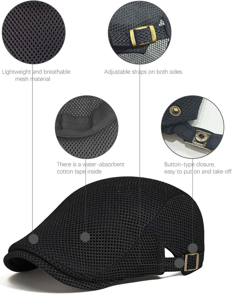 Men's Flat Caps - Adjustable Breathable Mesh Newsboy Beret | 2-Pack Irish Cabbie Hats