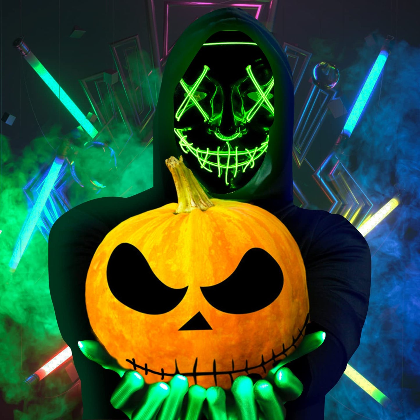 Max Fun Halloween Mask Glowing Gloves for Halloween Costume Cosplay Party Led Light Up Scary Masks for Halloween Party (Green)