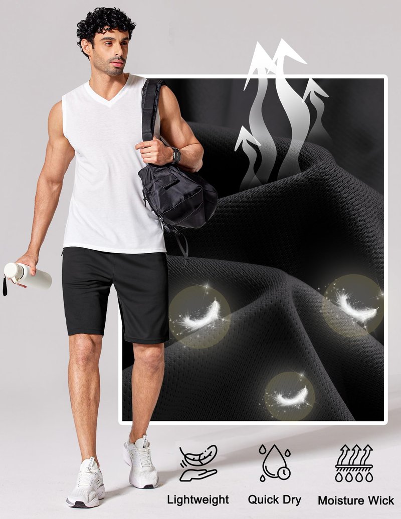 COOFANDY Mens Athletic Running Shorts 9" Lightweight Quick Dry Drawstring Mesh Gym Shorts with Zipper Pockets (Black, Large)