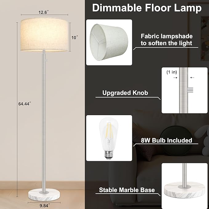 Floor Lamp for Bedroom,Dimmable Brushed Nickel Floor Lamp,Modern Standing Lamp with Marble Base,Tall Standing Lamp for Bedroom, Reading,Office & Kids' Room,LED Bulb Included
