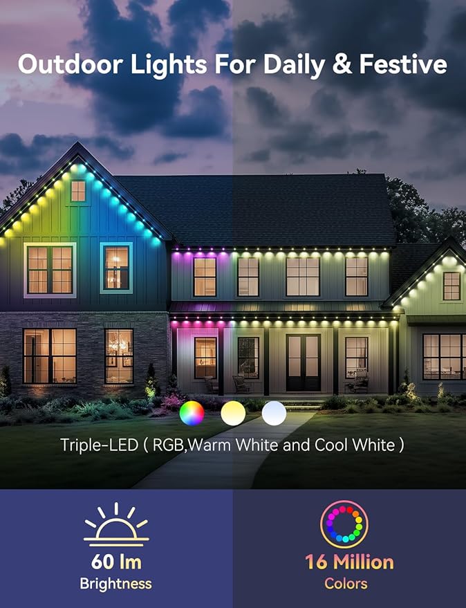 Permanent Outdoor Lights for House, 120ft with 88 Smart IC+RGBCW LED Lights, IP67 Waterproof Eaves Light for Daily Christmas Decorations, Work with Remote, APP, Alexa, White