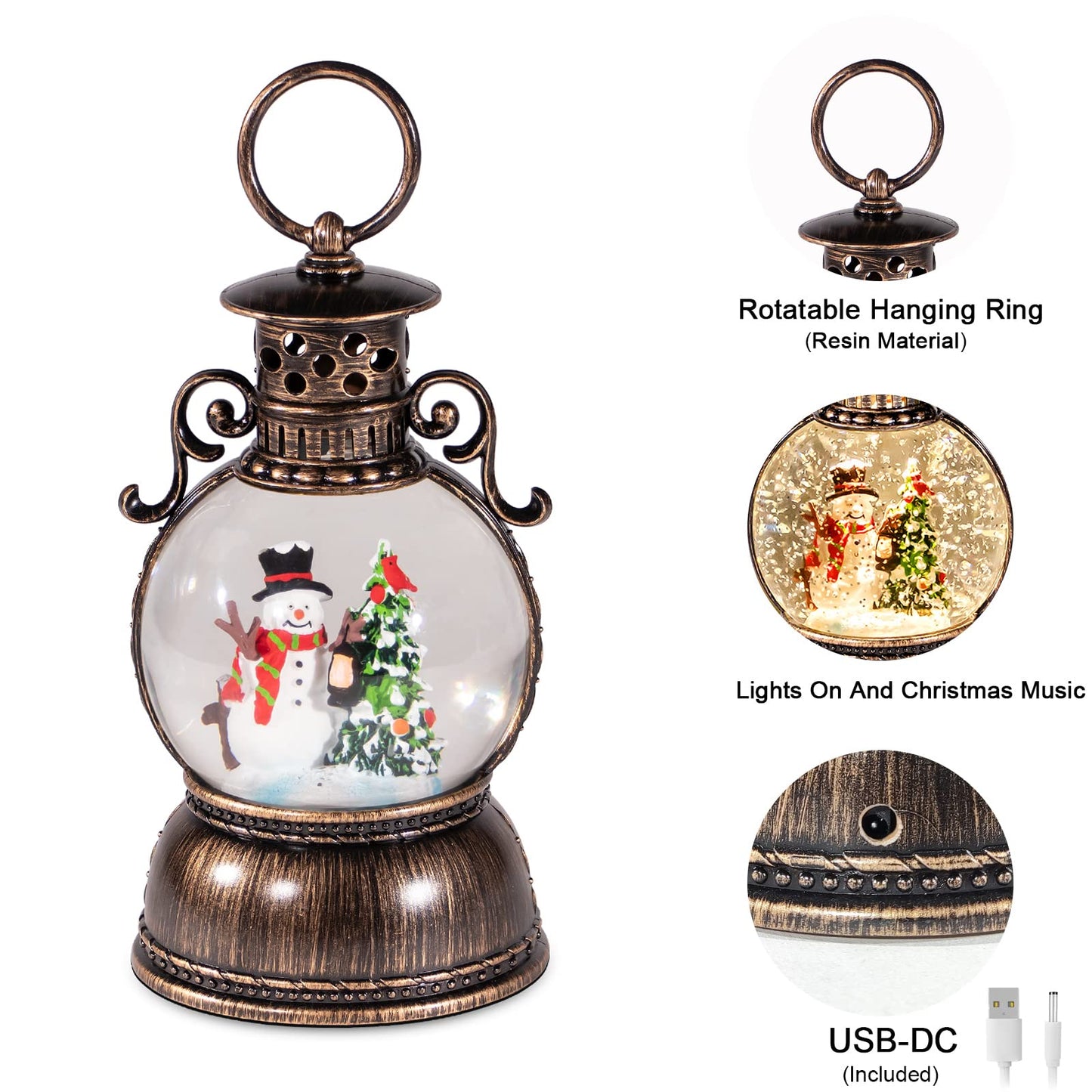 Christmas Snow Globes Lantern Musical,6H Timer Cylinder Glitter Snow Globe,Bronze Snow Globes Christmas with Music Box Including 8 Songs,Lantern with Xmas Tree Snowman Decor