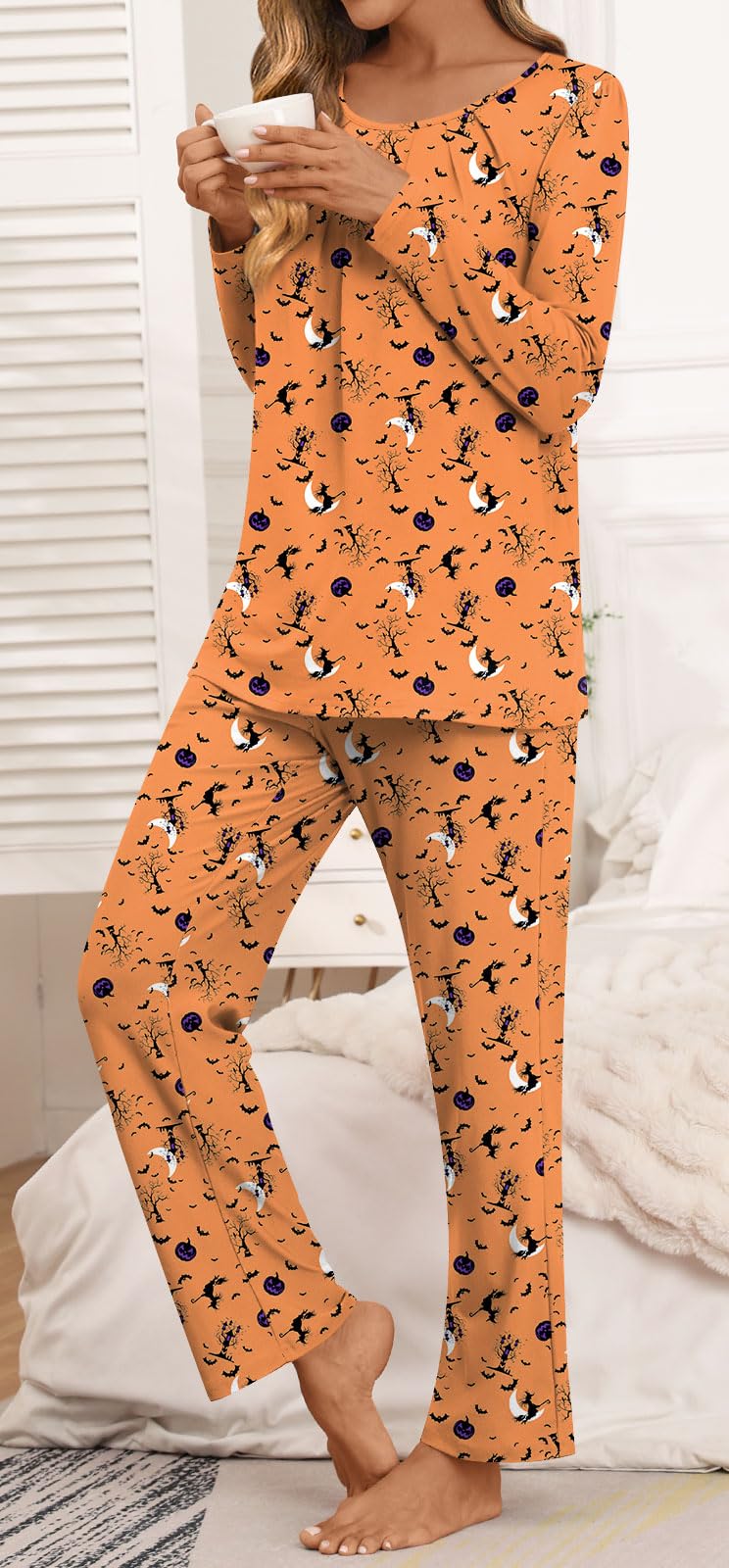 Anymeet Soft Fall Long Pajama Set Sleeve Two Piece for Women Fit Lounge Sleepwear Ladies Pjs Sets Yellow Halloween Elements Plus Size 3X-Large