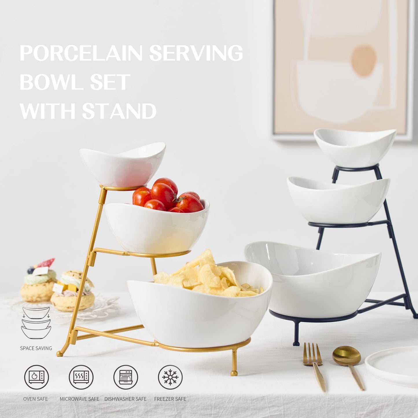 Gomakren 3 Tiered Oval Serving Bowl With Collapsible Metal Rack, Chip and Dip Serving Set, Dessert Appetizer, Candy, Fruit, Vegetable Bowl Set, Halloween Serving Bowls For Entertaining (Black Stand)