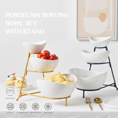 Gomakren 3 Tiered Oval Serving Bowl With Collapsible Metal Rack, Chip and Dip Serving Set, Dessert Appetizer, Candy, Fruit, Vegetable Bowl Set, Halloween Serving Bowls For Entertaining (Black Stand)