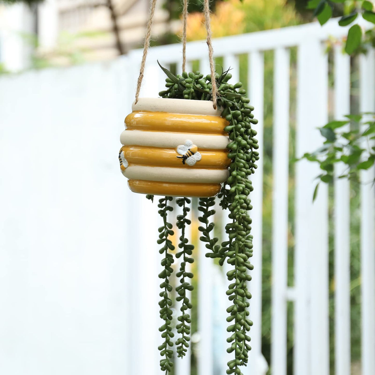 Chonsun Hanging Ceramic Planter 5 Inch Cute Bee Plant Pots Indoor Outdoor Yellow Planter Flower Pot Succulent Plant Pot Ceramic Mid-Century